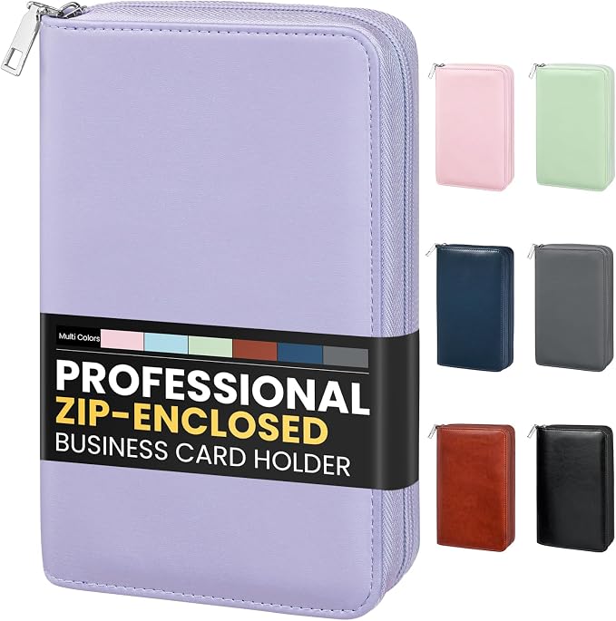 Sooez Zip-Enclosed Business Card Holder Organizer, Professional Credit Card Case Book for Women Men, 240 Capacity, Premium Vegan Leather Gift Card Organizer Storage, 7.87"×4.92"×1.57", Purple