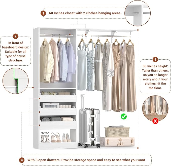 5FT Closet System with 3 Half-Open Wooden Drawers, 60'' Closet Organizer System with 2 Reversible Hanging Rods and Big Wing Shelf, 80" Tall Wall Mounted Wardrobe for Walk-in Closets, White