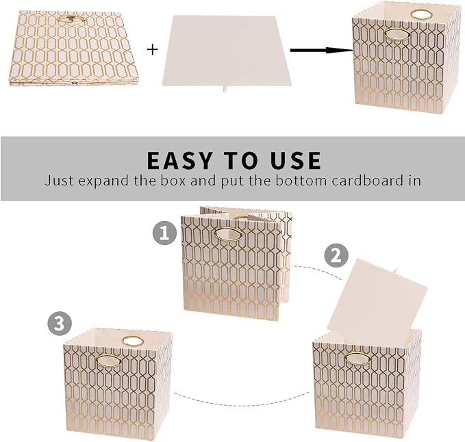 Posprica Storage Bins, Storage Cubes, 11×11 Fabric Drawers Organizer Basket Boxes Containers (11×11×11/4pcs, Cream/gold geometry Pattern)