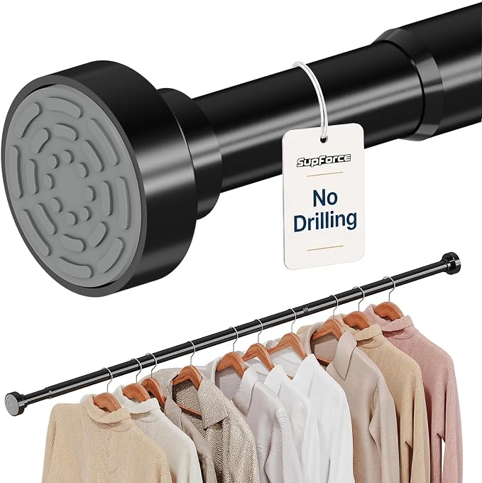 Supforce No Drilling Closet Rods for Hanging Clothes, Non Slip Tension Rod with Heavy Duty Clothes Hanging Rod, 17-54 Inches Adjustable Spring Closet Rod for Closet Wardrobe Bathroom Laundry RV, Black