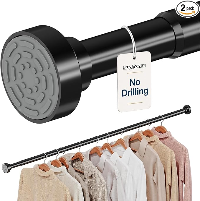 Supforce 2 Pack No Drilling Closet Rods for Hanging Clothes, Non Slip Tension Rod with Heavy Duty Clothes Hanging Rod, 17-39 Inches Adjustable Spring Closet Rod for Closet Wardrobe Bathroom RV, Black