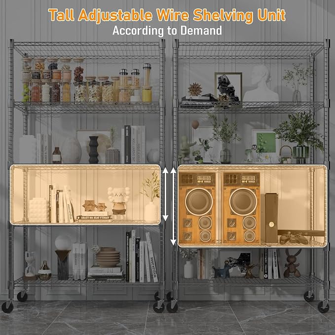 Himimi 72" H Storage Shelves 4 Tier Metal Shelving Adjustable Wire Shelf with Wheels, Heavy Duty Shelving for Garage Kitchen Pantry Bathroom Laundry,18" D*48" W*72" H, Silver