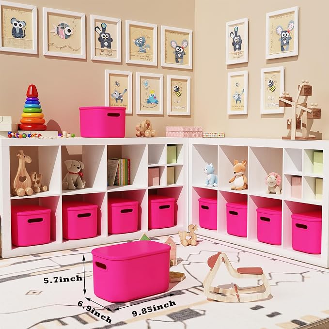 ORGIDOL 8 Pack Pink Storage Bins with Lids Stackable Storage Container for Organizing, Storage Boxes with Handle for Shelves, Cute Storage Bin for Craft, Snacks, 9.85x6.9x5.7 inch
