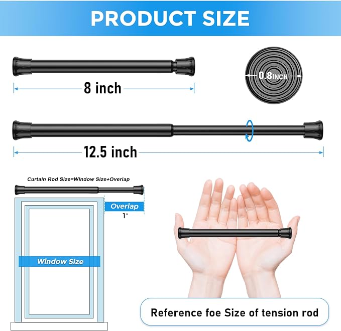 6 Pack Spring Tension Curtain Rod 8 to 12.5 Inch, DIY Mini Tension Rods No Drill for Slim Window Cupboard Closet Sidelights, Black