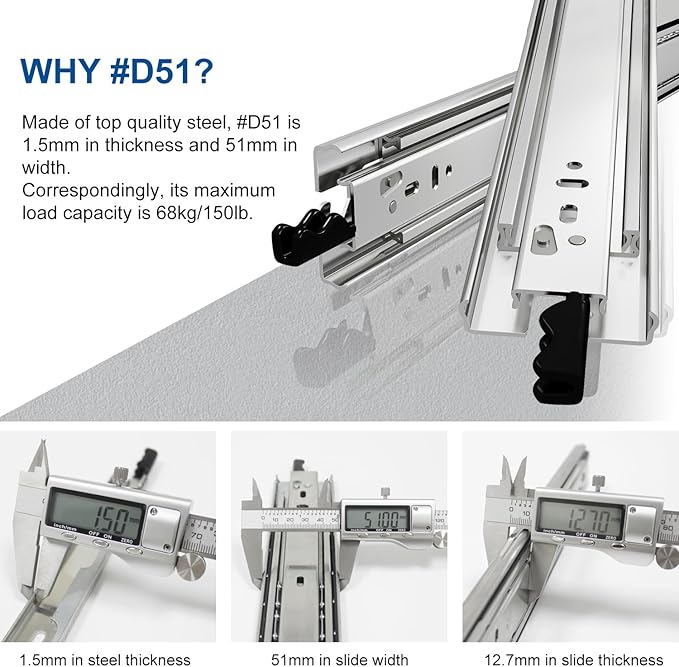 VADANIA #D51 32" Heavy Duty Locking Drawer Slide with Lock, 1-Pair | 150lb Load Capacity, 3-Fold Full Extension, Detachable, Ball Bearing Lock-in & Lock-Out, Side Mount