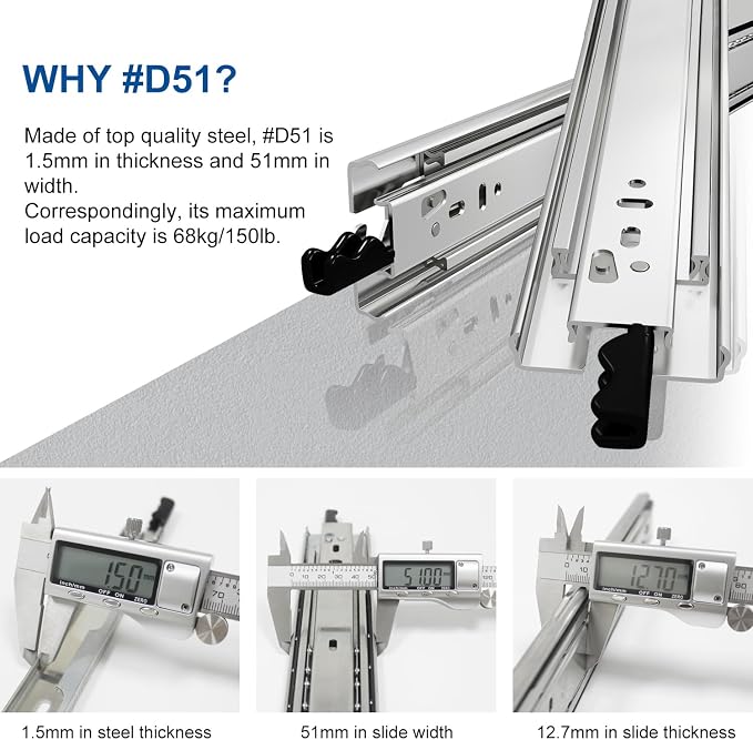 VADANIA #D51 36" Heavy Duty Locking Drawer Slide with Lock, 1-Pair | 150lb Load Capacity, 3-Fold Full Extension, Detachable, Ball Bearing Lock-in & Lock-Out, Side Mount