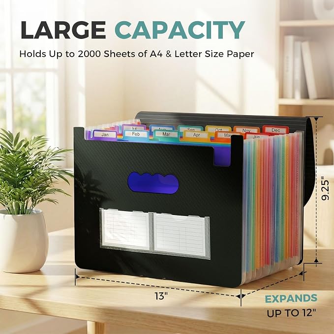 SKYDUE Accordion File Organizer, Expanding File Folder with 13 Pockets, Portable Document Paper Bill Receipt Organizer for Desk, Home School Office Supplies, Letter A4 Size Black