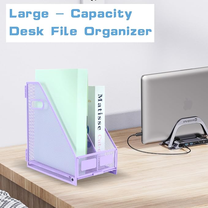 Desk Organizers Metal Magazine File Holder Racks Desktop Folder Storage Binder Organiser Document Organization for Home Office & Classroom,2 Vertical Compartments-Purple