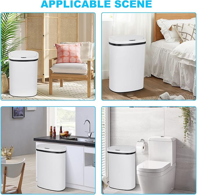 Bigacc 13 Gallon Touch Free Automatic Stainless Steel Trash Can Garbage Can Metal Trash Bin with Lid for Kitchen Living Room Office Bathroom, Electronic Motion Sensor Automatic Trash Can - White