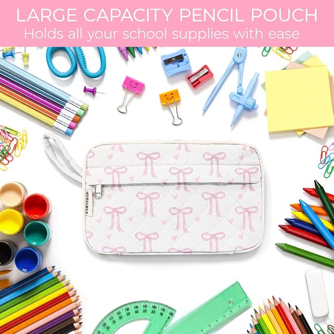 WOBAGMEN Quilted Pencil Pouch for Girls Women, Large Pencil Case Pouch with Compartments Cute Aesthetic Pencil Case Organizer, Floral Pencil Bag for School Supplies (Pink Bow)