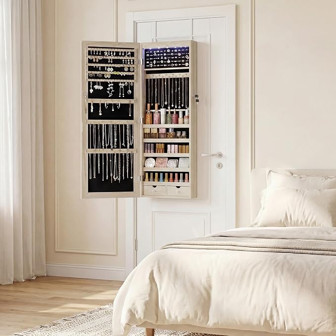 DUMOS Jewelry Armoire Cabinet with Full Length Mirror, 47.2" Tall Wall Mounted or Over the Door Jewelry Organizer with 33 Necklace Hooks, Lockable Large Capacity with Drawers, Khaki