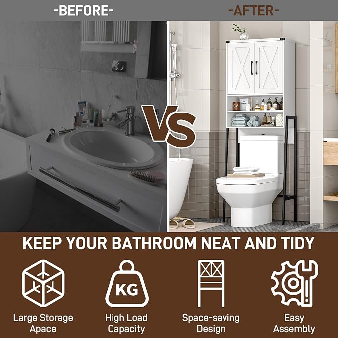Vabches Over The Toilet Storage Cabinet, Farmhouse Over Toilet Storage Cabinet, Metal Frame with 2 Barn Doors, Home Space-Saving Toilet Rack for Bathroom, Toilet, Laundry Room.