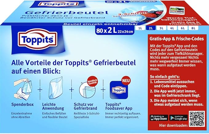 Melitta Toppits Freezer Bags Storage Pack, 2L, 80 Reusable Pieces, Stand-Alone, Transparent, Tear-Resistant 3-Layer Polyethylene Film