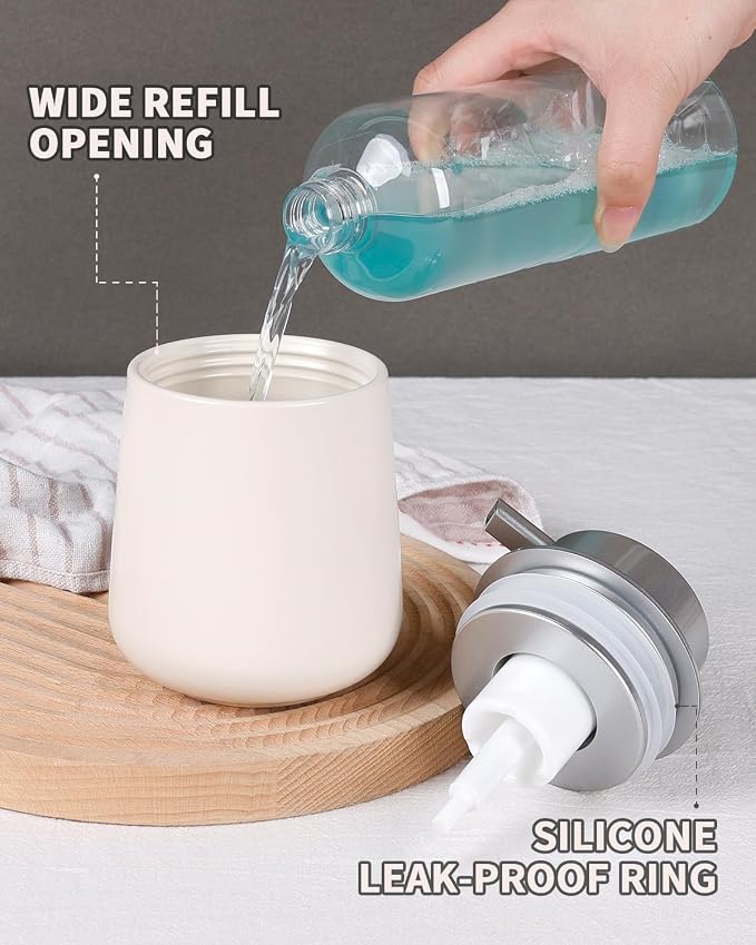 Bosilunlife 12Oz Ceramic Foam Soap Dispenser for Bathroom Kitchen Counter | Premium countertop foam pump creates delicate dense foam, stable desktop placement,Beige with Silver