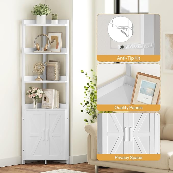 HOOBRO Corner Shelf with Storage, Tall Corner Cabinet, 5-Tier Bookshelf Stand, Storage Cabinet with Protective Fence, for Living Room, White WW78CJ01