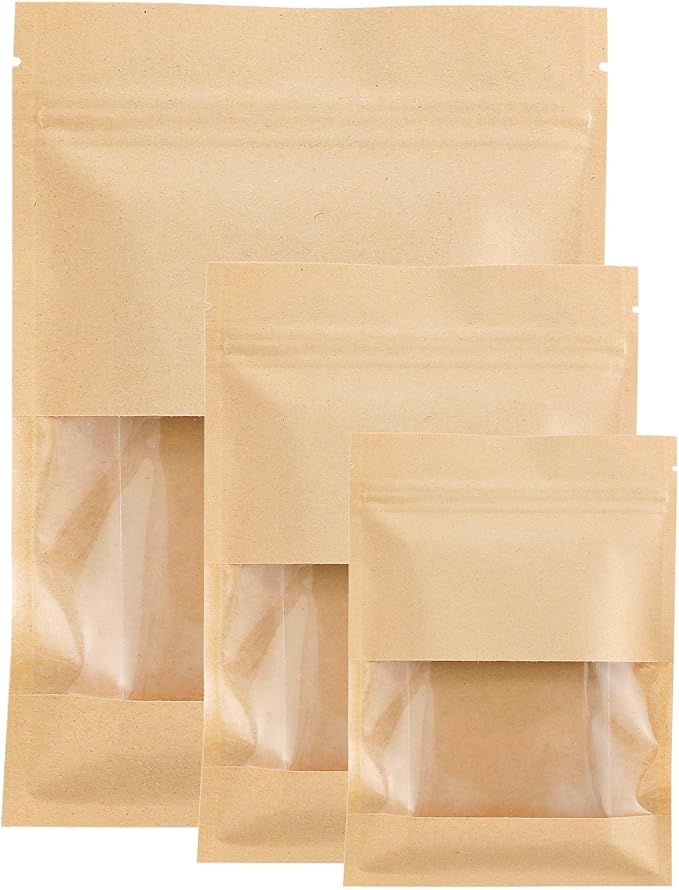 100PCS Resealable Kraft Paper Packaging Bags with Clear Window, Food Grade Heat Sealed Zipper Pouches for Coffee, Tea, Nuts, Snacks, Cookies (Kraft, 13 * 18CM/5.0"*7.1"-100PCS)