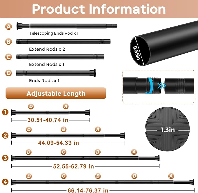 1 Pack Black Spring Tension Curtain Rods 31-76 Inches, Spring Loaded Curtain Rods No Drilling, Adjustable Tension Rod for Windows Bedroom Bathroom Kitchen Doorway Closet