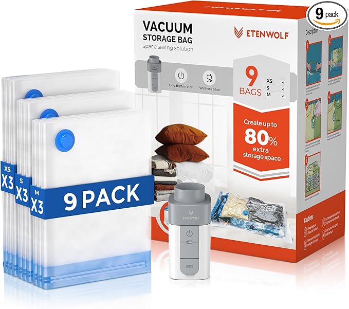 ETENWOLF Vacuum Storage Bags for Travel with Rechargeable Wireless Pump, Vacuum Seal Bags for Clothes and Travel, Space Saver Bags in Carry-On Sizes, Perfect for Luggage and Suitcases, 9 Combo