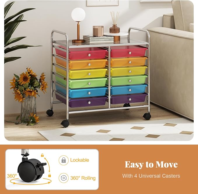 COSTWAY 12-Drawer Rolling Storage Cart, Utility Storage Organizer Cart | For Tools, Scrapbook, Paper, Craft, Multipurpose Art Supply Organizer on Wheels for Home Office School, Teacher, Rainbow