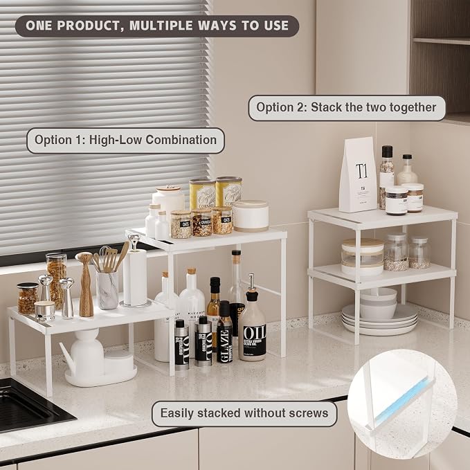 Kitchen Counter Oganizer Stackable Spice Rack for Countertop Kitchen Countertop Organizer Heavy Duty Kitchen Counter Shelf Metal Spicy Shelf for Countertop (2 Pack, White)