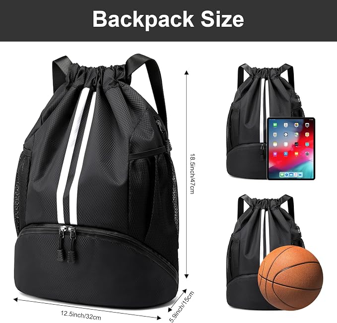 Hoedia Sports Drawstring Backpack - Swim Gym Bag for Women and Men | String Bag with Shoes Compartment and Wet Proof Pocket, Adjustable Wider Shoulder Strap, For Soccer, Basketabll, Volleyball