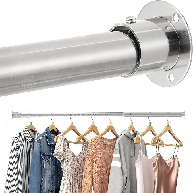Heavy Duty Closet Rod, Adjustable 17-100 in, 1.3" Diameter | Silver, Metal, Suitable for Wardrobes, Bathrooms, Laundry Room, RV