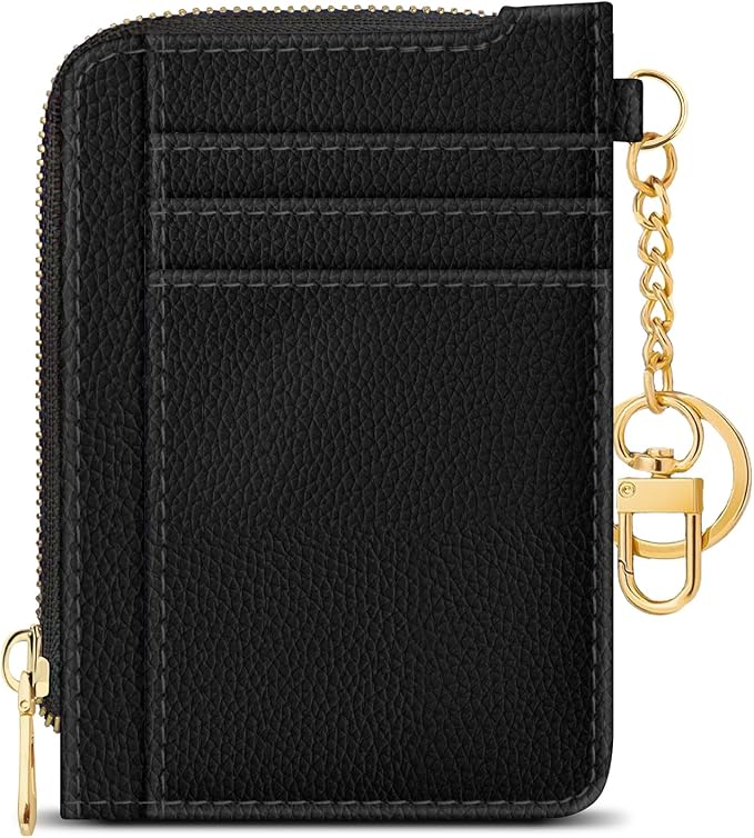 GIANCOMICS Slim Wallet Credit Card Holder Women, Rfid Blocking Black Small Card Case, Keychain Thin Pocket Curved Zipper Wallet, Travel Card Holder PU Leather ID Window, Ladies Female Gifts
