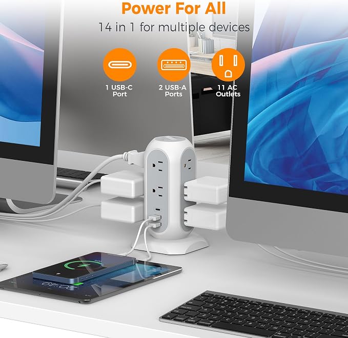 TESSAN Tower Power Strip Flat Plug with 1050J Surge Protection, 10 Ft, Grey | 11 Outlets 3 USB (1 USB C), Surge Protector Power Tower, Extension Cord with Multiple Outlets, Dorm, Office Desk Supplies
