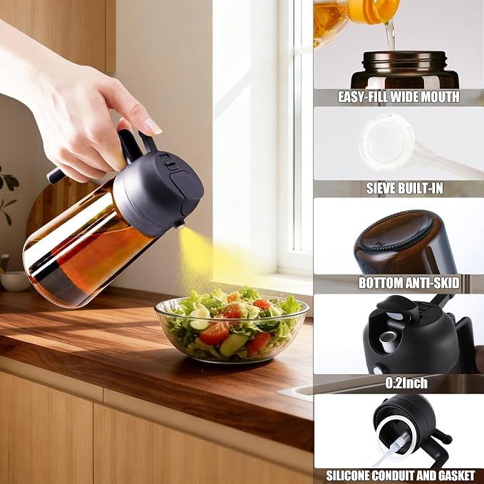 Olive Oil Sprayer & Dispenser Bottle for Cooking 16oz Dark Glass Oil Mister | 2-in-1 Oil Sprayer & Pourer, Fine mist, Light-Blocking, Wide Mouth for Easy Refill & Clean, 8 Oil Labels, Reusable