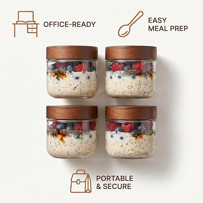 Danmu 8 oz Overnight Oats Containers with Lids,Glass Jars with Lids 4 Pack | Wooden Lid,Meal Prep,Yogurt,Leftovers,Leak-proof,Dishwasher Safe(remove lids),Fridge Safe,Portable,Stackable