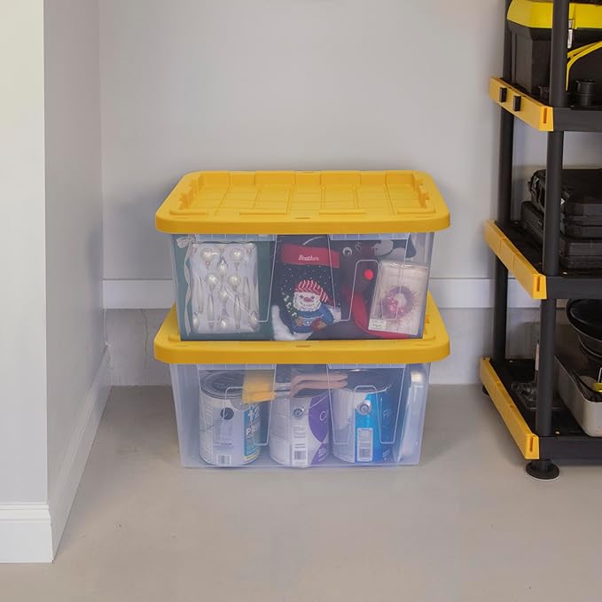 CX BLACK & YELLOW 27-Gallon Heavy Duty Clear Stackable Storage Bins with Lids, Dorm Room Essentials, Dorm Storage, Moving Boxes, Back to School, Classroom Organization, Home Organization, 4 Pack (14.3H x 20.6W x 30.6D)