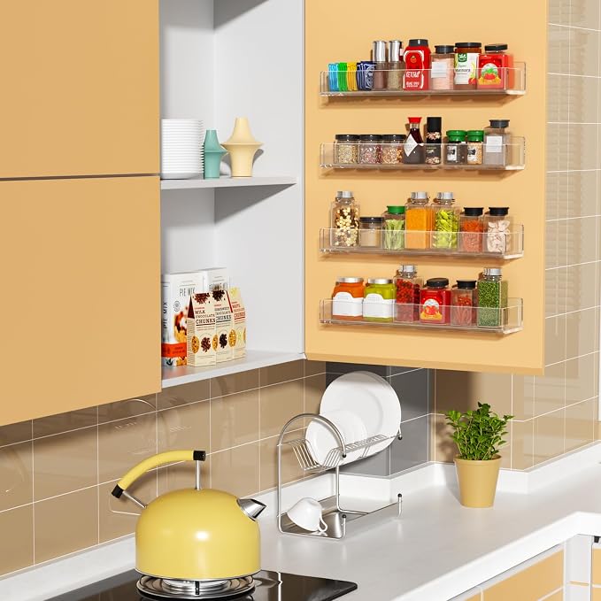NIUBEE Wall Mounted Spice Rack Organizer, Clear Acrylic, 4 Pack | Spice Shelf Storage Holder, Hanging Seasoning Rack, For Wall Kitchen
