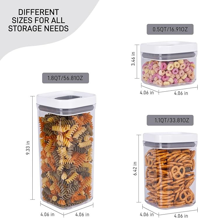 LISI 3 Pack One-Touch Seal Food Storage Containers with Lids, Airtight Stackable BPA-Free Plastic Pantry Canisters for Kitchen Organization, Includes Labels, Marker, Cups & Brush