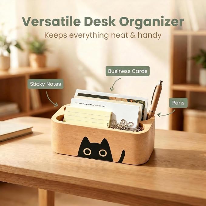 Business Card Holders 2 tier 2 Slot, Natural Wooden Name Card Holder Wood Business Card Holder Office Desktop Card Display Stands Cat Pattern Cute