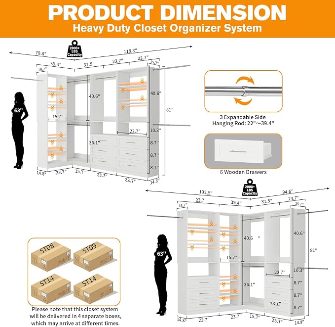 Closet System with 3 Sets, 6.5-16FT Corner Closet Organizer System with 6 Drawers & 11 Shelves & 6 Hanging Rods, Custom L-Shaped Modular Walk-in Closet Organizers and Storage System Corner, White