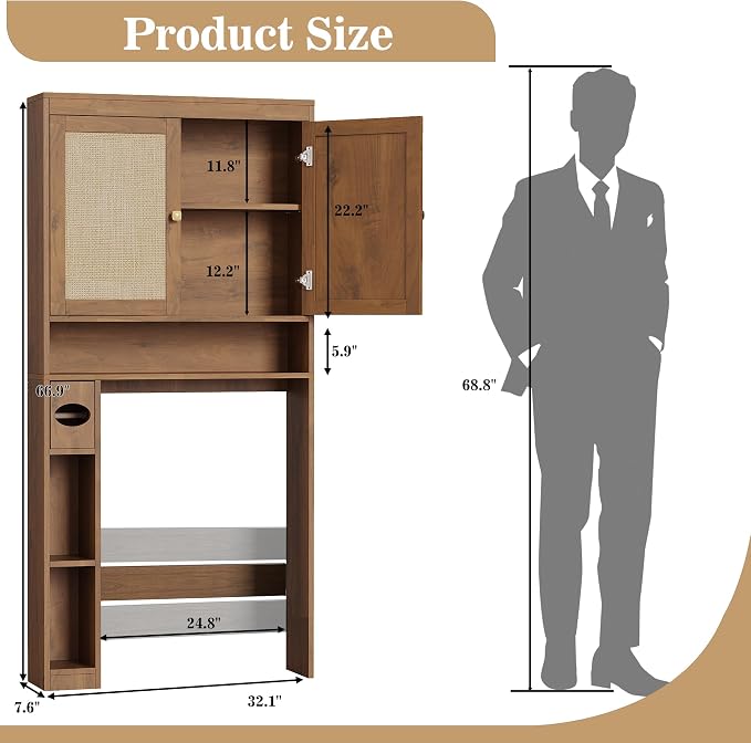 Over The Toilet Storage Cabinet Bathroom Shelf Over Toilet Bathroom Organizer Space Saver Rack with Adjustable Shelf (Brown- Yellow, Rattan Style)