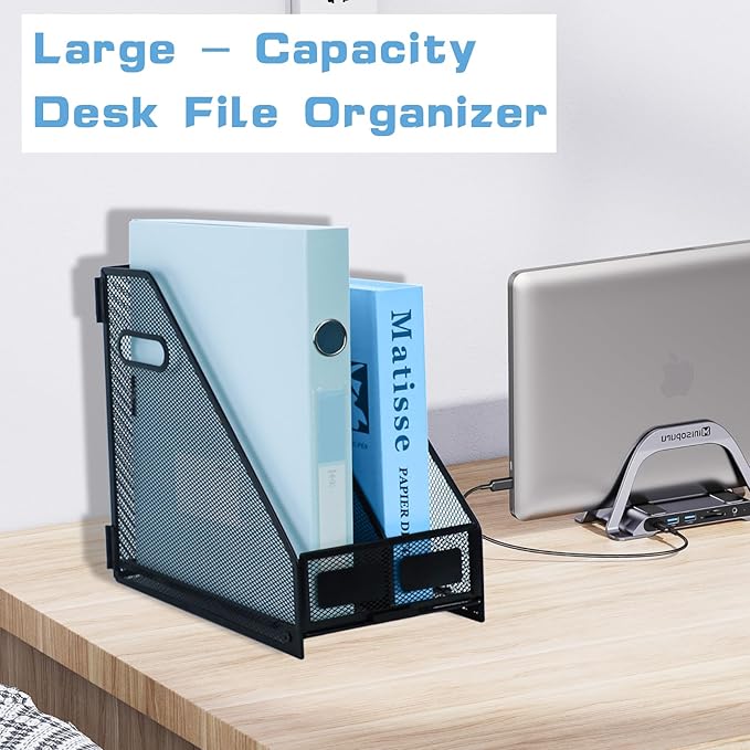Desk Organizers Metal Magazine File Holder Racks Desktop Folder Storage Binder Organiser Document Organization for Home Office & Classroom,2 Vertical Compartments