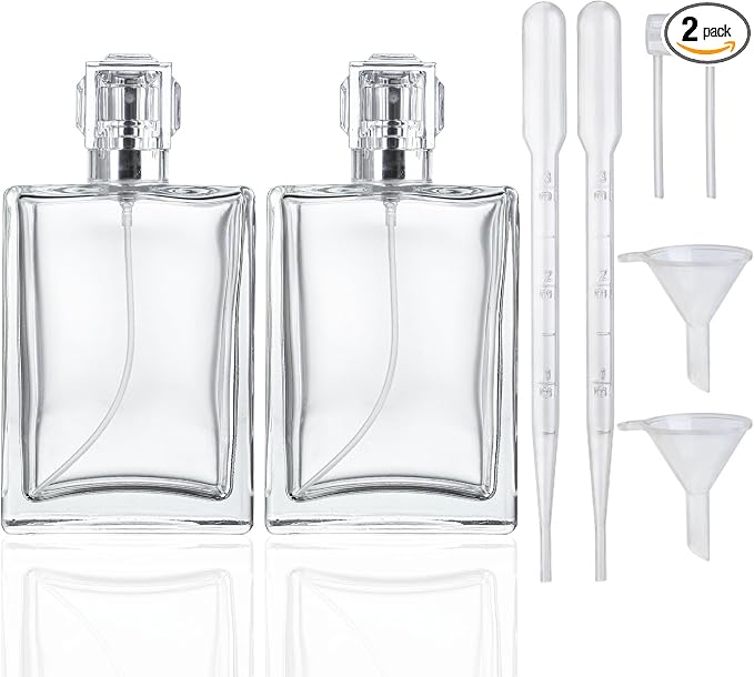 YU FENG 2 Pack Perfume Spray Bottles, 100ml/3.4oz Refillable Glass Atomizer | Empty Square Clear Glass Bottles, Fine Mist Spray, Cologne Container, Essential Oil & Travel Perfume Bottle