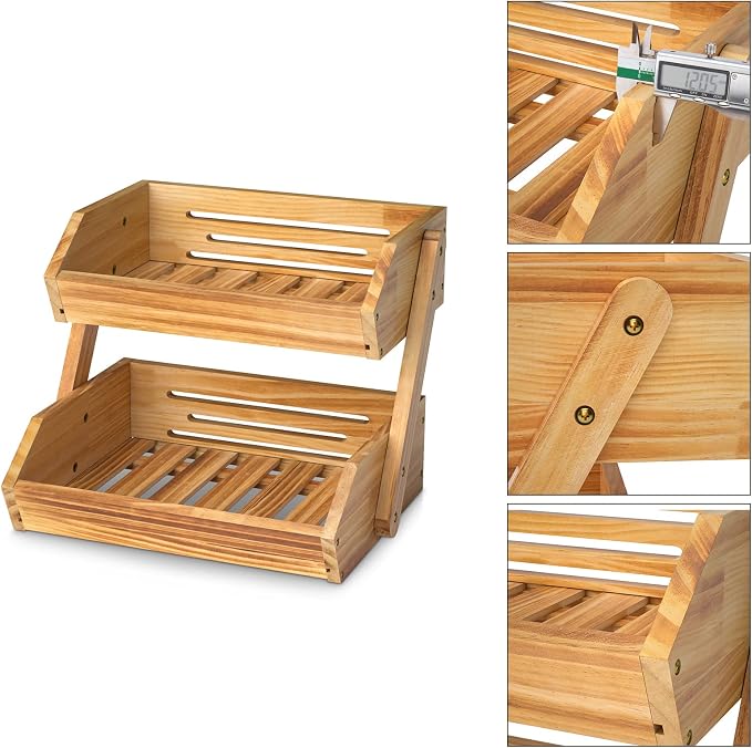 G.a HOMEFAVOR 2-Tier Pine Wood Fruit Basket, Self-assembly | Fruit Bowl for Kitchen Countertop, Vegetable Storage and Home Organizer