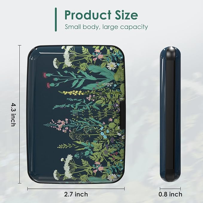 Credit Card Holder RFID Blocking, Mini Aluminum Hard Case, Plant Flowers Small Business Metal Wallet for Women Men