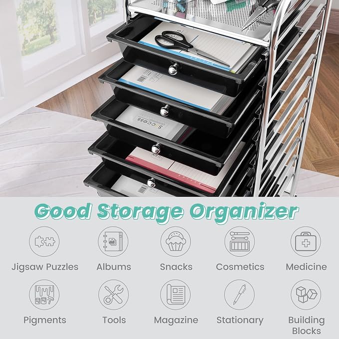 COSTWAY 10-Drawer Rolling Storage Cart, Utility Mobile Trolley | Removable Drawers & Universal Casters & 2 Brakes, Versatile Flexible Drawer Organizer Cart for Home, Office (Black)