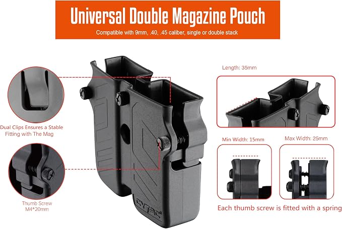 Universal Double Magazine Pouch Fit 9mm 10mm .40 .45 Caliber Dual & Single Stack Magazines, Black