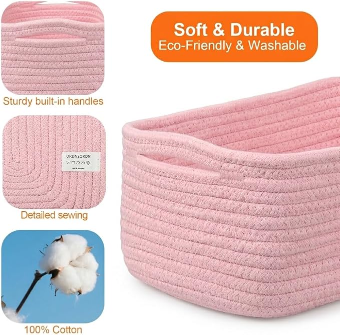 Small Storage Baskets for Organizing, Woven Storage Bins for Shelves, Gift Basket Empty, Cute Decorative Closet Organizer, Baby Rope Basket, Dog Toy Storage, 13.2x8.2x5.2”, 3Packs Pink