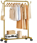 Homde Rolling Clothes Rack with Hooks: Standing Garment Storage for Indoor - Hanging Rod for Bedroom Laundry Room - Coat Dress Organizer on Wheels with luggage shelf (Gold, 31.5")