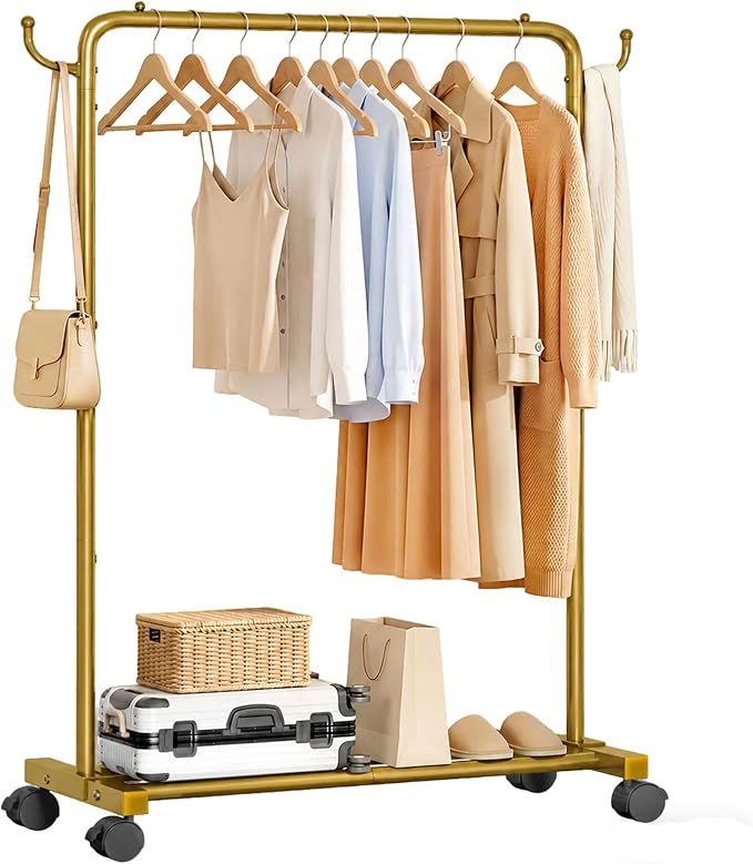 Homde Rolling Clothes Rack with Hooks: Standing Garment Storage for Indoor - Hanging Rod for Bedroom Laundry Room - Coat Dress Organizer on Wheels with luggage shelf (Gold, 31.5")