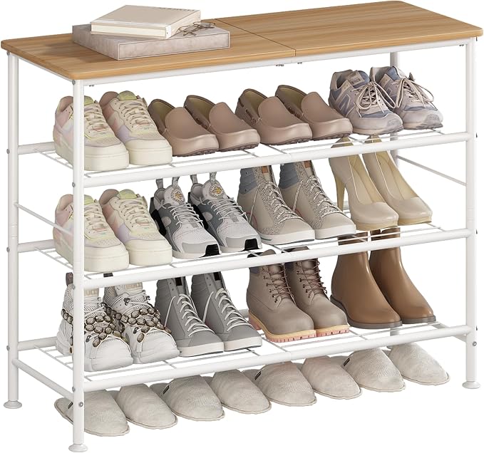 SUOERNUO Shoe Rack Organizer 4 Tier for Closet Entryway Free Standing Metal Storage Shoe Shelf with MDF Top Board (White + Nordic Walnut, 4 Tier)