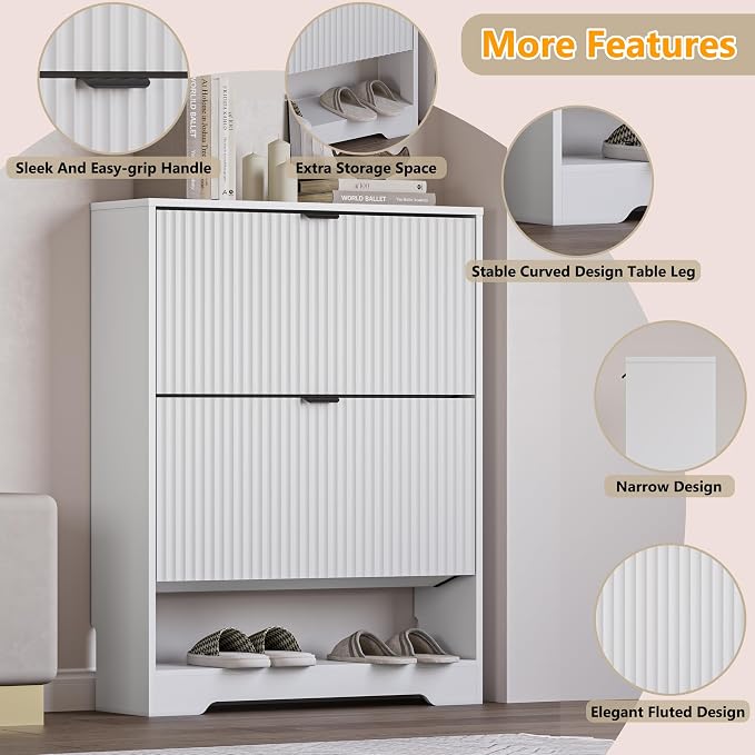 BORNOON Shoe Cabinet with 2 Flip Drawers, Fluted Shoe Storage Cabinet with Adjustable Shelves, Freestanding Rack and Organizer for Entryway, Closet, Hallway
