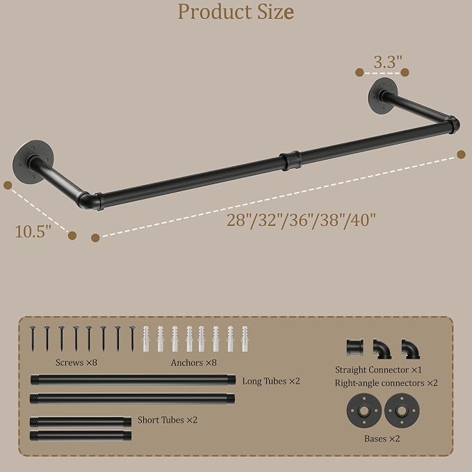 Wall Mounted Clothes Rack, Industrial Pipe Clothing Rack 32 Inch Black, Wall Clothes Hanger for Bedroom, Cloakroom, Closet, Hallway, Boutique Display, Drying Racks Wall-Mount for Laundry
