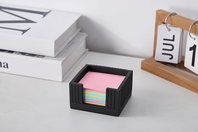 Concrete Modern Industrial Sticky Note Holder for Desk - 3.6 x 3.6 Inch Aesthetic Post it Note Holder Dispenser - Fluted Minimalist Self Stick Note Pad Holder - Cement Sticky Note Dispenser -Black
