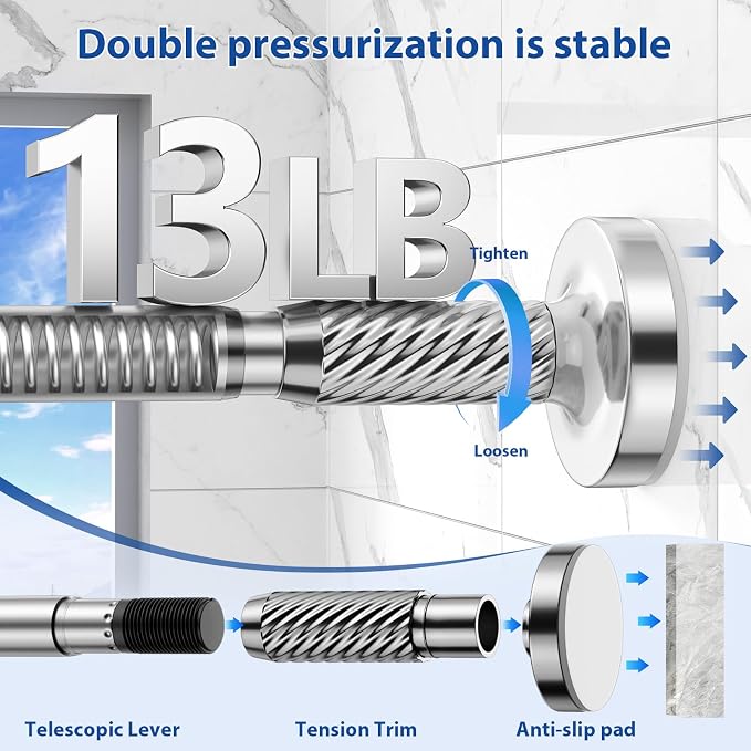 Tension Curtain Rod 32-90Inch Silver Spring Rods Adjustable Curtain Rods no Drilling Outdoor Tension Rod for Patio, Windows,Closets,Doorway,